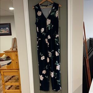 Magazine Sleeveless Navy Floral Jumpsuit with V-Neck